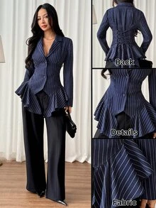 SHEIN PETITE Elegant, Minimalist Navy Striped Blazer For Petite Women-Perfect For Commuting. - Navy Blue - View 1
