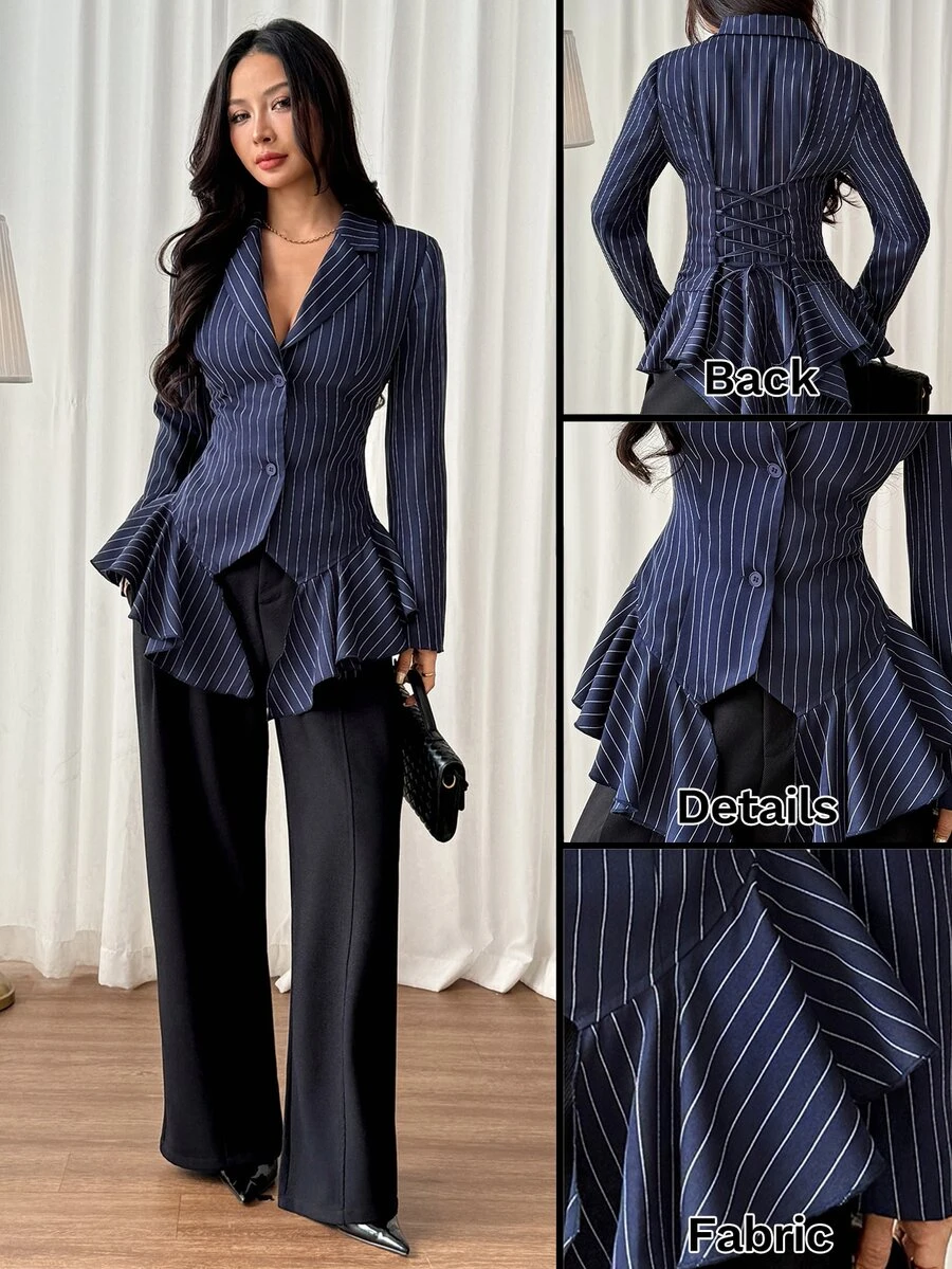 SHEIN PETITE Elegant, Minimalist Navy Striped Blazer For Petite Women-Perfect For Commuting. - Navy Blue - View 1