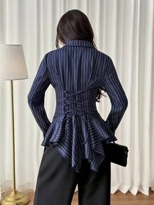 SHEIN PETITE Elegant, Minimalist Navy Striped Blazer For Petite Women-Perfect For Commuting. - Navy Blue - View 2
