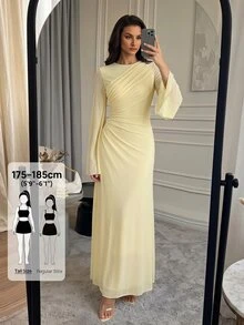 SHEIN Tall 高挑版穆斯林風淡黃色長袖長洋裝，抽褶設計，優雅端莊，適合上班與度假，秋季款 - 淡黃色 - 查看 3