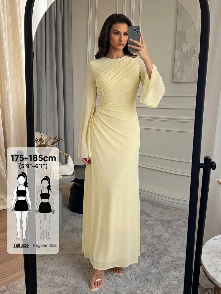 SHEIN Tall Tall-Fit Muslim-Style Pale Yellow Long-Sleeved Maxi Dress With Ruching-Elegant Modest And Suitable For Work Vacation. Fall - Light Yellow - View 3