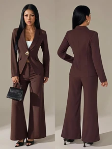 SHEIN PETITE Women's Metal Button Long Sleeve Jacket And Loose Pants Suit Set Office Business Dark Brown Autumn/Winter,Workwear,Teacher's Day,Petite - Brown - View 1