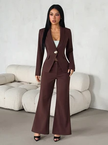 SHEIN PETITE Women's Metal Button Long Sleeve Jacket And Loose Pants Suit Set Office Business Dark Brown Autumn/Winter,Workwear,Teacher's Day,Petite - Brown - View 4