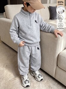 SHEIN 2件組男童秋季休閒保暖內裡套頭運動衫與運動長褲套裝，簡約半拉鍊立領長褲套裝，4-7歲，白色 - 灰色 - 查看 7