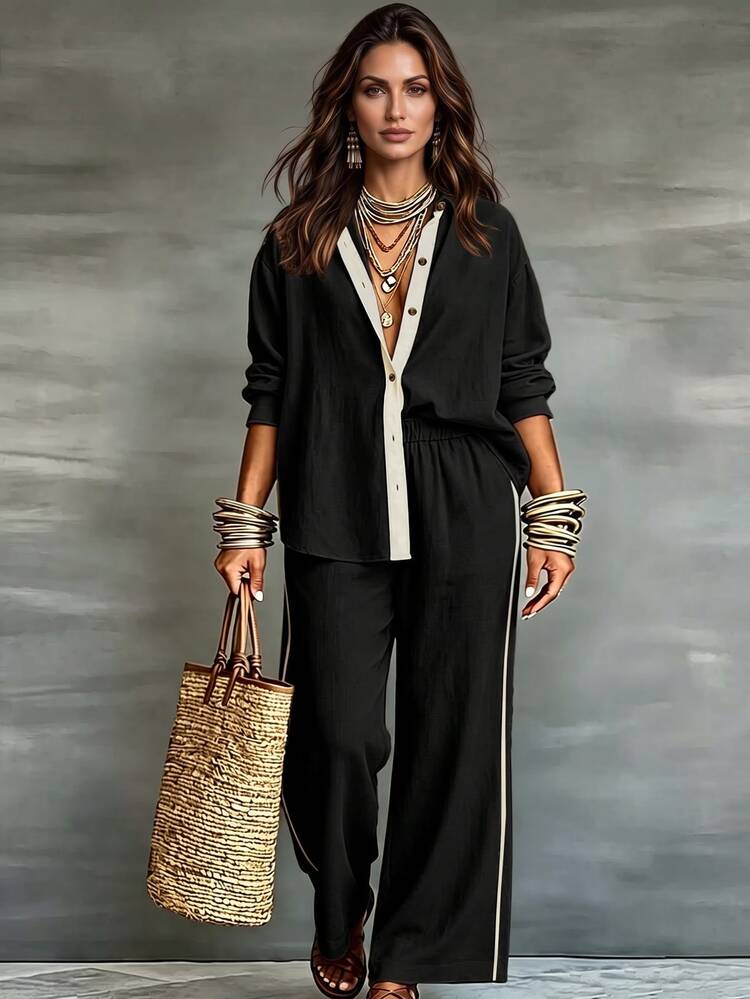 Linhara CURVE Plus-Size Women's Woven Casual Commuting Autumn Two Pieces Set Fall - Black - View 1
