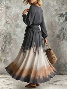 SHEIN Comfortable Casual Boho Ink Wash Gradient Print Long Sleeve Maxi Dress Vacation Dark Grey Autumn Vacation - Multicolor - View 2