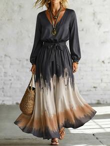 SHEIN Comfortable Casual Boho Ink Wash Gradient Print Long Sleeve Maxi Dress Vacation Dark Grey Autumn Vacation - Multicolor - View 1