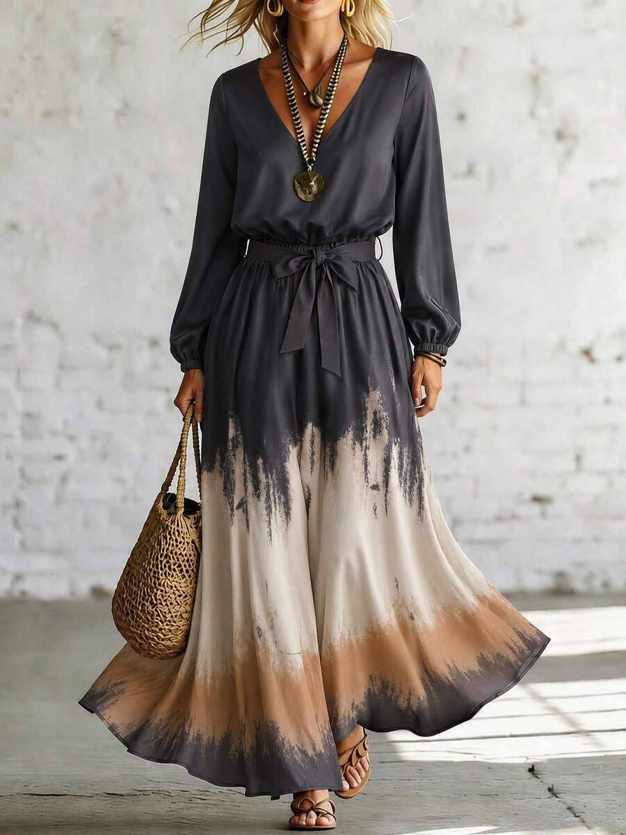 SHEIN Comfortable Casual Boho Ink Wash Gradient Print Long Sleeve Maxi Dress Vacation Dark Grey Autumn Vacation - Multicolor - View 1