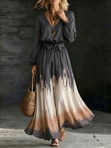 SHEIN Comfortable Casual Boho Ink Wash Gradient Print Long Sleeve Maxi Dress Vacation Dark Grey Autumn Vacation - Multicolor - View 4