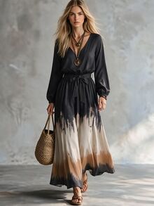 SHEIN Comfortable Casual Boho Ink Wash Gradient Print Long Sleeve Maxi Dress Vacation Dark Grey Autumn Vacation - Multicolor - View 3