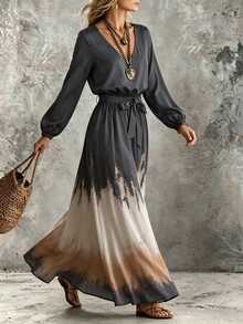 SHEIN Comfortable Casual Boho Ink Wash Gradient Print Long Sleeve Maxi Dress Vacation Dark Grey Autumn Vacation - Multicolor - View 6