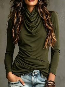 SHEIN Solid Draped Collar Long Sleeve Tee - Army Green - View 2