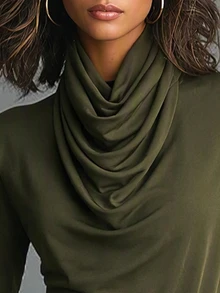 SHEIN Solid Draped Collar Long Sleeve Tee - Army Green - View 8