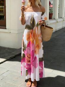 SHEIN Franclia 女款度假休閒熱帶波西米亞風花卉印花露肩長洋裝，適合早午餐與海灘，白色花卉夏季款 - 彩色 - 查看 5