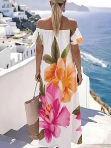 SHEIN Franclia 女款度假休閒熱帶波西米亞風花卉印花露肩長洋裝，適合早午餐與海灘，白色花卉夏季款 - 彩色 - 查看 4