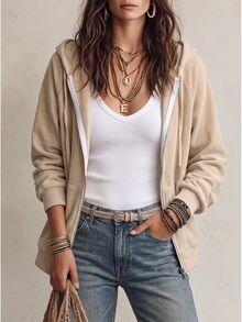SHEIN Women's Khaki Corduroy Hooded Zip Up Jacket, Casual Pocket Outerwear For Spring Fall Daily Street Wear - Khaki - View 7
