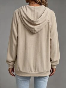 SHEIN Women's Khaki Corduroy Hooded Zip Up Jacket, Casual Pocket Outerwear For Spring Fall Daily Street Wear - Khaki - View 2