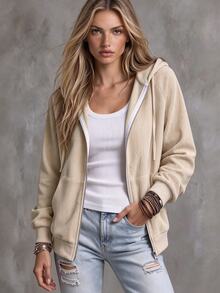 SHEIN Women's Khaki Corduroy Hooded Zip Up Jacket, Casual Pocket Outerwear For Spring Fall Daily Street Wear - Khaki - View 3