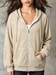 SHEIN Women's Khaki Corduroy Hooded Zip Up Jacket, Casual Pocket Outerwear For Spring Fall Daily Street Wear - Khaki - View 6