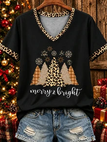 EMERY ROSE Christmas Leopard Print Christmas Tree Letter Slogan Graphic Print Fashion Plus Size T-Shirt - Multicolor - View 1