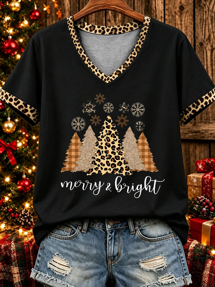 EMERY ROSE Christmas Leopard Print Christmas Tree Letter Slogan Graphic Print Fashion Plus Size T-Shirt - Multicolor - View 1