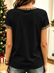 EMERY ROSE Christmas Leopard Print Christmas Tree Letter Slogan Graphic Print Fashion Plus Size T-Shirt - Multicolor - View 2