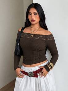 Coolane 女款大尺碼秋冬優雅正式基本款日常休閒棕色彈性舒適蕾絲拼接露肩長袖上衣萬聖節 - 棕色 - 查看 3
