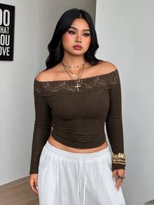 Coolane 女款大尺碼秋冬優雅正式基本款日常休閒棕色彈性舒適蕾絲拼接露肩長袖上衣萬聖節 - 棕色 - 查看 4
