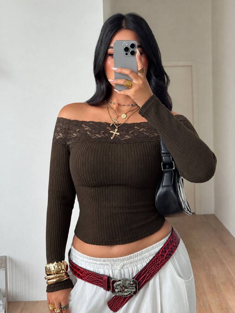 Coolane Women's Plus Size Fall Winter Elegant Formal Basic Daily Wear Casual Brown Stretchy Comfortable Lace Patchwork Open Shoulder Long Sleeve Top Halloween - Brown - View 6