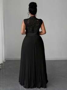 Maweii Plus Size Women Contrast Lace Pleated Hem Sleeveless Elegant Waist Dress - Black - View 2