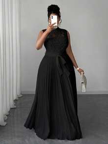 Maweii Plus Size Women Contrast Lace Pleated Hem Sleeveless Elegant Waist Dress - Black - View 4