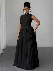Maweii Plus Size Women Contrast Lace Pleated Hem Sleeveless Elegant Waist Dress - Black - View 3