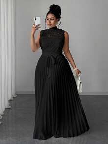 Maweii Plus Size Women Contrast Lace Pleated Hem Sleeveless Elegant Waist Dress - Black - View 1
