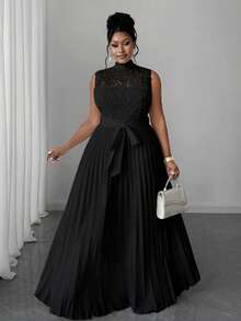 Maweii Plus Size Women Contrast Lace Pleated Hem Sleeveless Elegant Waist Dress - Black - View 7