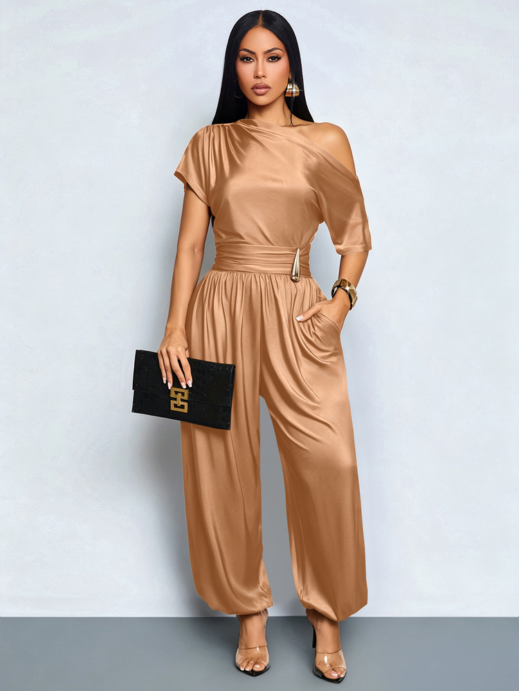 SOLERSUN Women's Elegant Mature Solid Camel Jumpsuit One-Shoulder Metal Buckle Loose-Fit Lantern Trousers Summer Party Dinner Wedding Dinner - Rust Brown - View 5