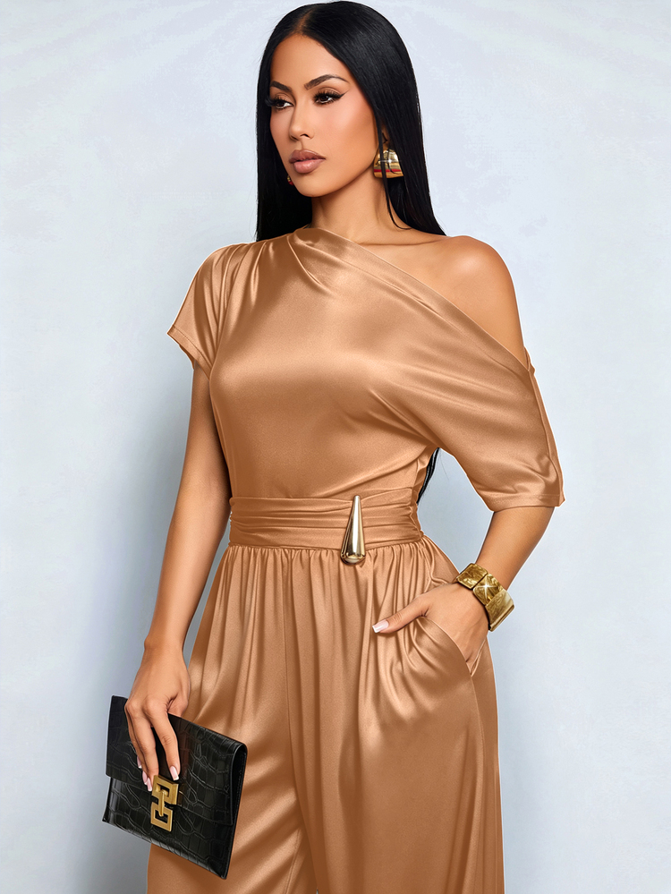 SOLERSUN Women's Elegant Mature Solid Camel Jumpsuit One-Shoulder Metal Buckle Loose-Fit Lantern Trousers Summer Party Dinner Wedding Dinner - Rust Brown - View 7