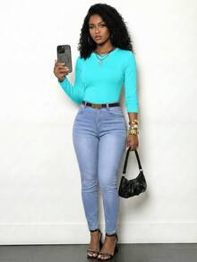 SHEIN LUNE 纯色休闲舒适百搭时尚女式长袖T恤 - 水鴨藍 - 查看 3