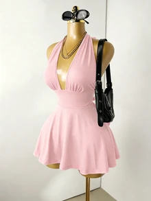 Mistrie Light Pink Summer Sexy Chic Club Going Out Night Tight-Fitting Romper Deep V-Neck Backless Strap Casual Holiday Beach Vacation Outfits For Women - Baby Pink - View 8