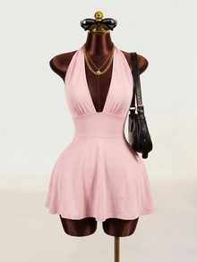 Mistrie Light Pink Summer Sexy Chic Club Going Out Night Tight-Fitting Romper Deep V-Neck Backless Strap Casual Holiday Beach Vacation Outfits For Women - Baby Pink - View 3