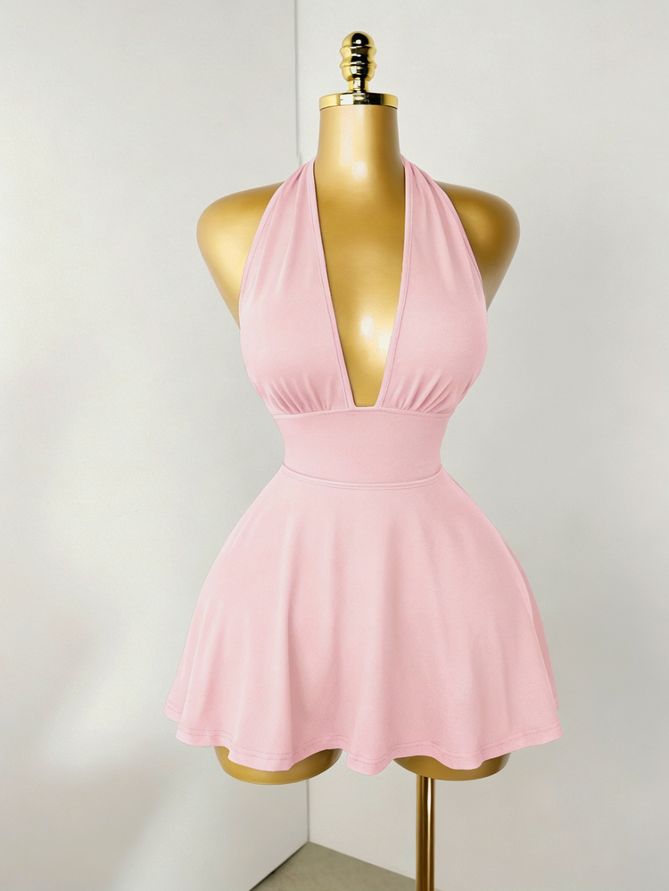 Mistrie Light Pink Summer Sexy Chic Club Going Out Night Tight-Fitting Romper Deep V-Neck Backless Strap Casual Holiday Beach Vacation Outfits For Women - Baby Pink - View 5