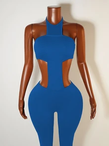 Zolique Body de mujer con corte en la cintura y escote halter en unicolor - Azul - Ver 6