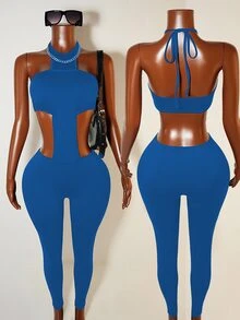 Zolique Body de mujer con corte en la cintura y escote halter en unicolor - Azul - Ver 1