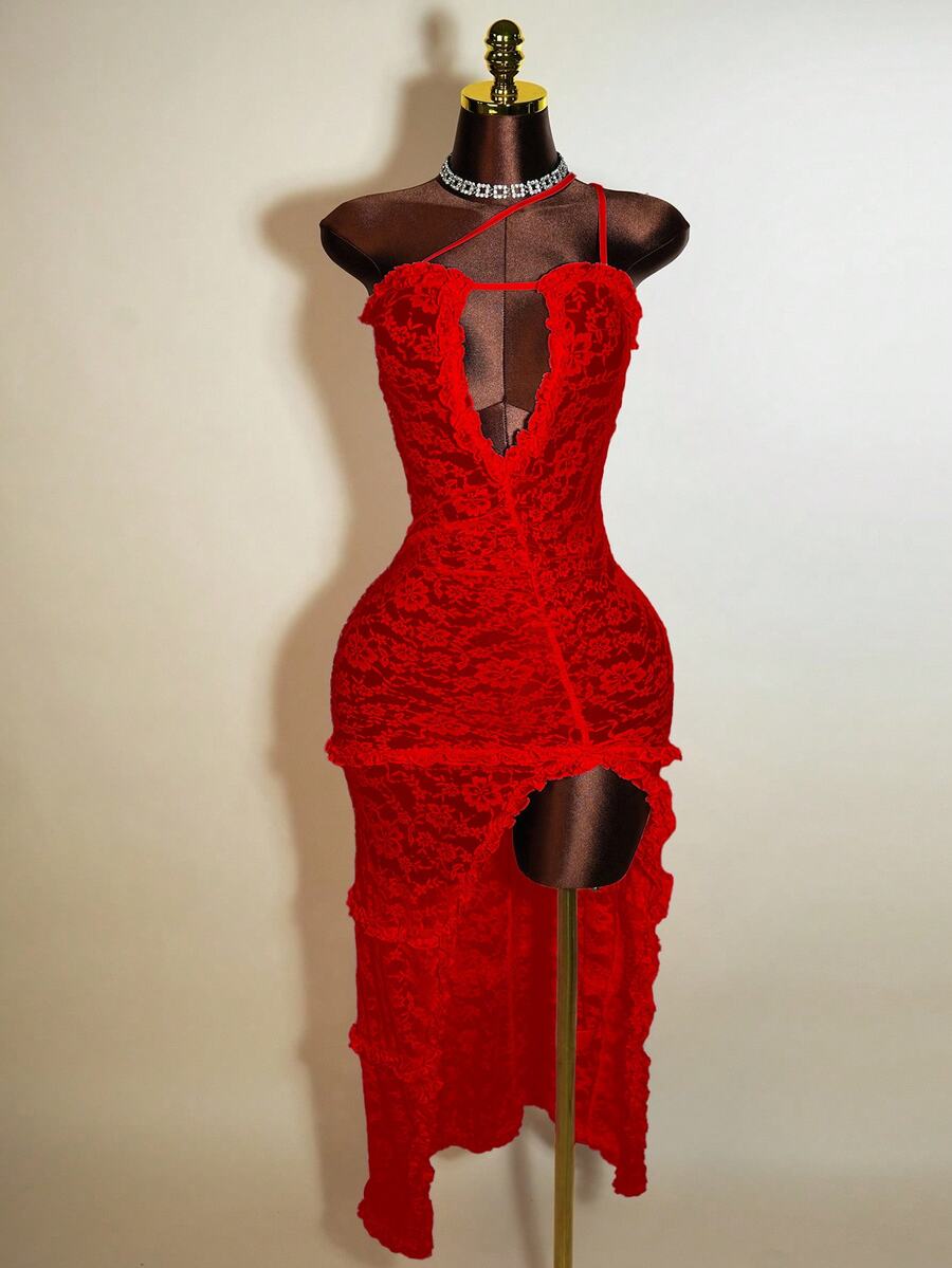 Mistrie 女士蕾丝镂空性感单肩无袖时尚连衣裙 - 紅色 - 查看 1