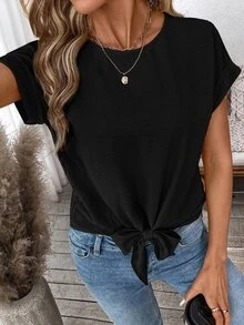 Easowa Women Casual Solid Color Tie Sleeve Short Sleeve Blouse, Basic Daily Spring/Summer,Casual - Black - View 3