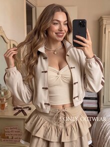SHEIN MOD Plus Size Women's Stand Collar Contrast Color Casual Versatile Daily Outing Short Long Sleeve Jacket, Back To School Season, Campus Style, Everyday Versatile Jacket, Khaki - Khaki - View 7