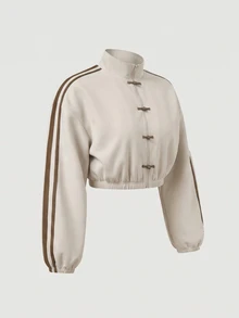 SHEIN MOD Plus Size Women's Stand Collar Contrast Color Casual Versatile Daily Outing Short Long Sleeve Jacket, Back To School Season, Campus Style, Everyday Versatile Jacket, Khaki - Khaki - View 4