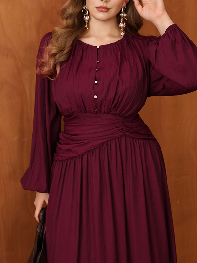 Roveilla Vestido Feminino Plus Size Primavera/Outono/Inverno Estilo Francês Chique Luxuoso Elegante Festa de Natal Design Minimalista de Alta Qualidade Escritório Deslocamento Estilo Old Money Confortável Cor Sólida Tecido Texturizado Gola Redonda Botões Frontais Botões de Metal Cintura Franzida Elástico nas Costas Bainha Evasê Manga Lanterna Manga Longa