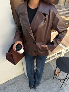 FavEase 女款純色PU皮革時尚百搭日常通勤風衣外套 - 棕色 - 查看 5