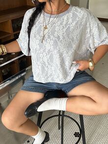 Muchica Plus Size Women Casual Elegant Lace Patchwork T-Shirt Formal Gray Summer Brunch Office - Multicolor - View 6