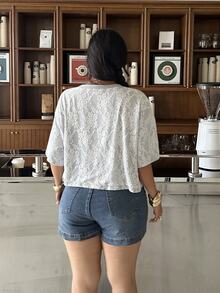 Muchica Plus Size Women Casual Elegant Lace Patchwork T-Shirt Formal Gray Summer Brunch Office - Multicolor - View 2
